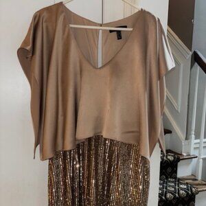 Aidan Mattox Gold and Tan Shirt-Dress Formal Office Sequins Dress